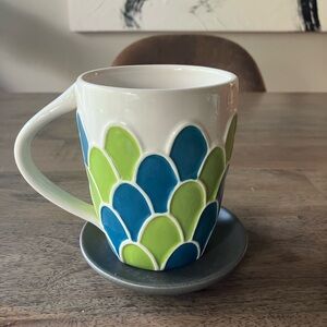 Starbucks 2009 14oz Hand painted Blue/Green Scallop Peacock Coffee Tea Cup Mug